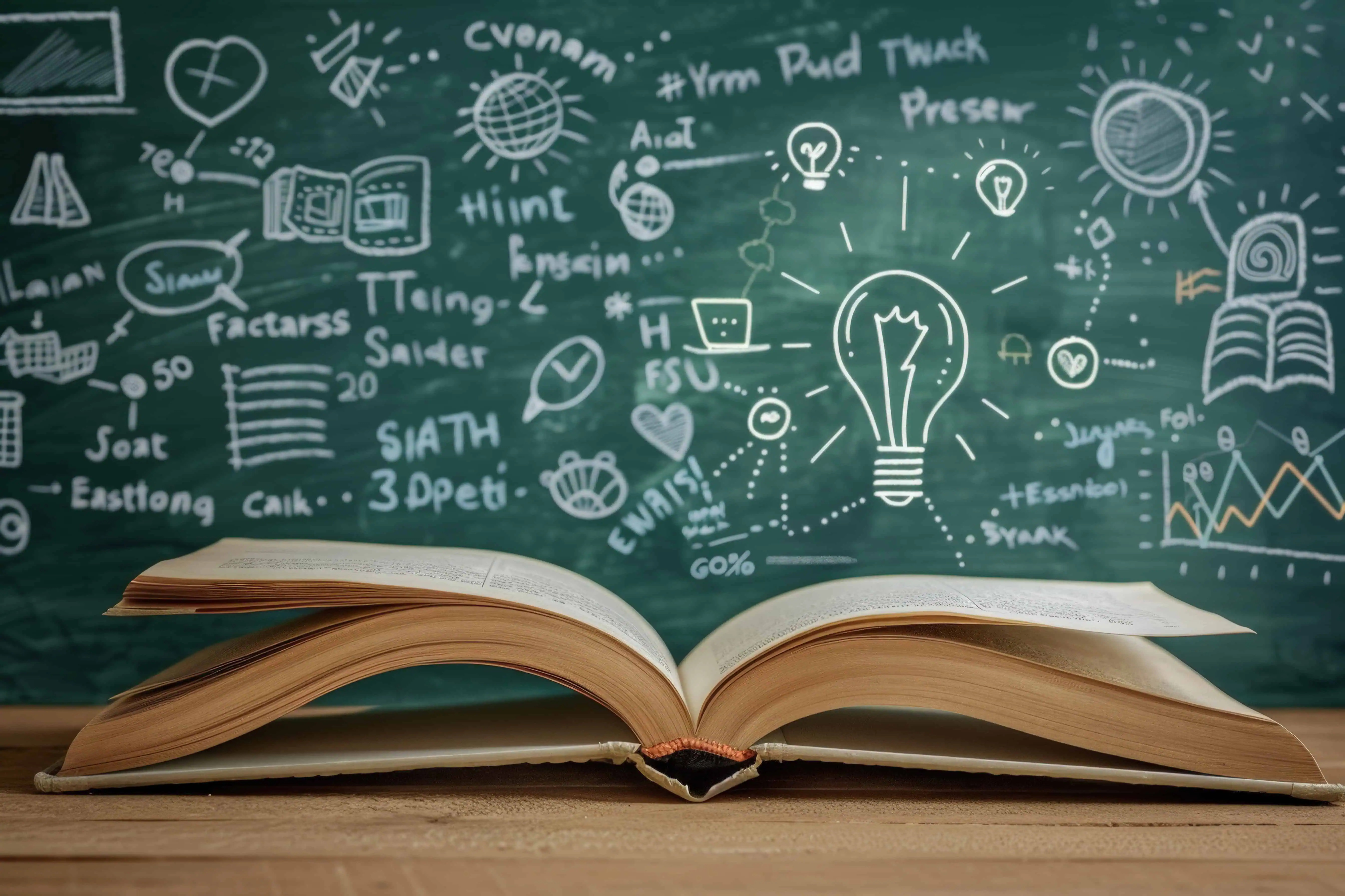Back to basics! Die Rolle von Basiskompetenzen – und wie Schulen ihren Erwerb vor dem Hintergrund aktueller Entwicklungen gezielt fördern können 2 open book with lightbulb other drawings chalkboard it