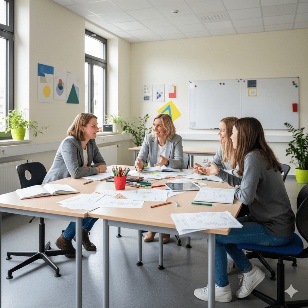 Ein heller Klassenraum in einer modernen Schule in NRW. Eine Lehrkraft sitzt an einem Tisch mit drei Schüler:innen, sie sprechen angeregt über ein Projekt. Auf dem Tisch liegen Notizen und Stifte. Stimmung: motiviert, freundlich, partizipativ.