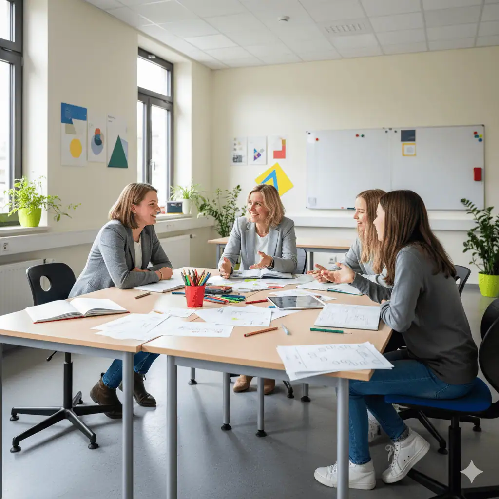 B-Teams - Gesundheitsorientierte Beteiligungsteams 5 Ein heller Klassenraum in einer modernen Schule in NRW. Eine Lehrkraft sitzt an einem Tisch mit drei Schüler:innen, sie sprechen angeregt über ein Projekt. Auf dem Tisch liegen Notizen und Stifte. Stimmung: motiviert, freundlich, partizipativ.