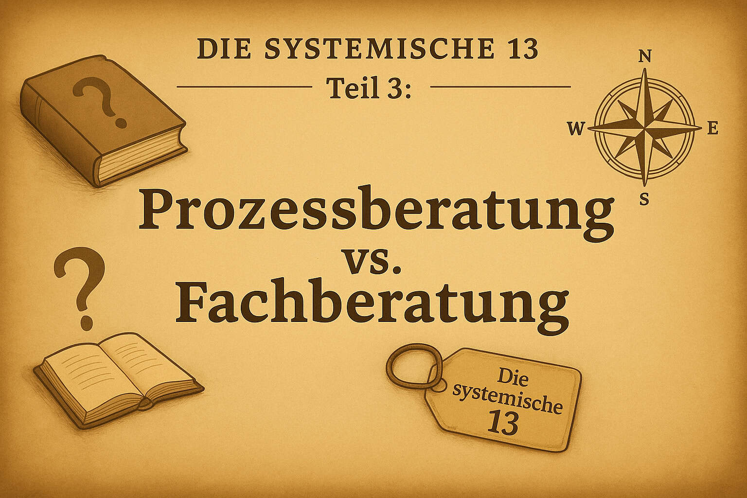 Illustration im Stil einer alten Seekarte mit Inseln und einem Schiff, Titel „Die systemische 13 – Teil 3: Prozessberatung vs. Fachberatung“. Symbolisiert systemische Prozessbegleitung und Orientierung ohne Fachberatung.