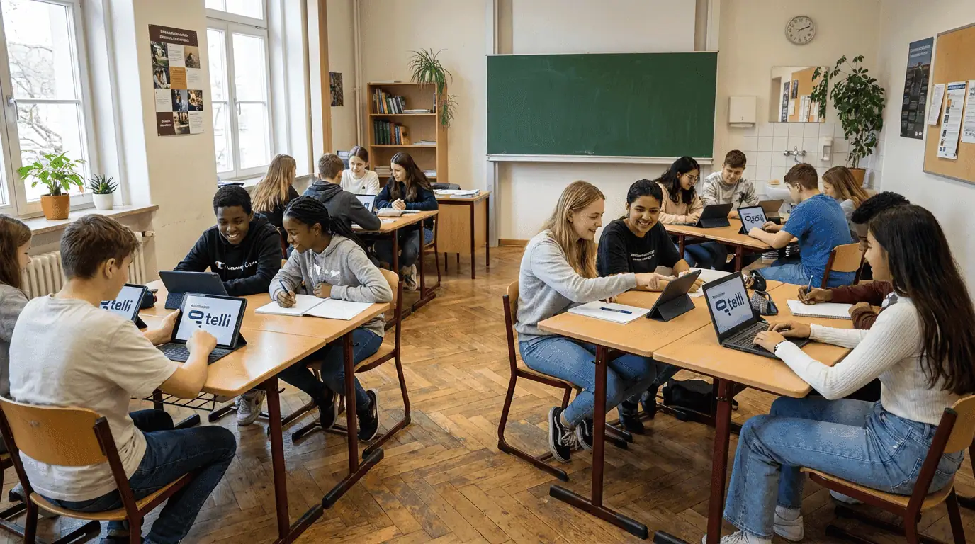 Eine Klasse die in einem Klassenzimmer die telli KI nutzt. Es ist ein KI generiertes Bild.